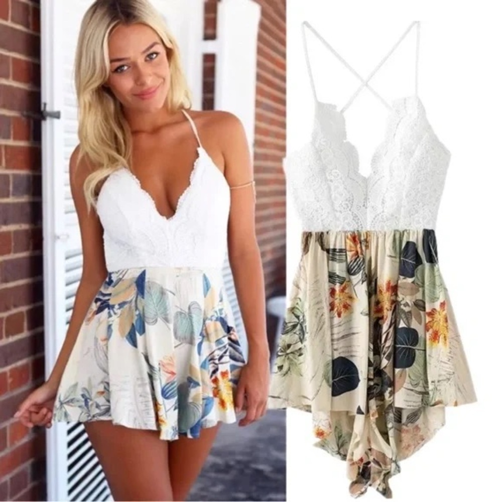 White Lace Floral Romper